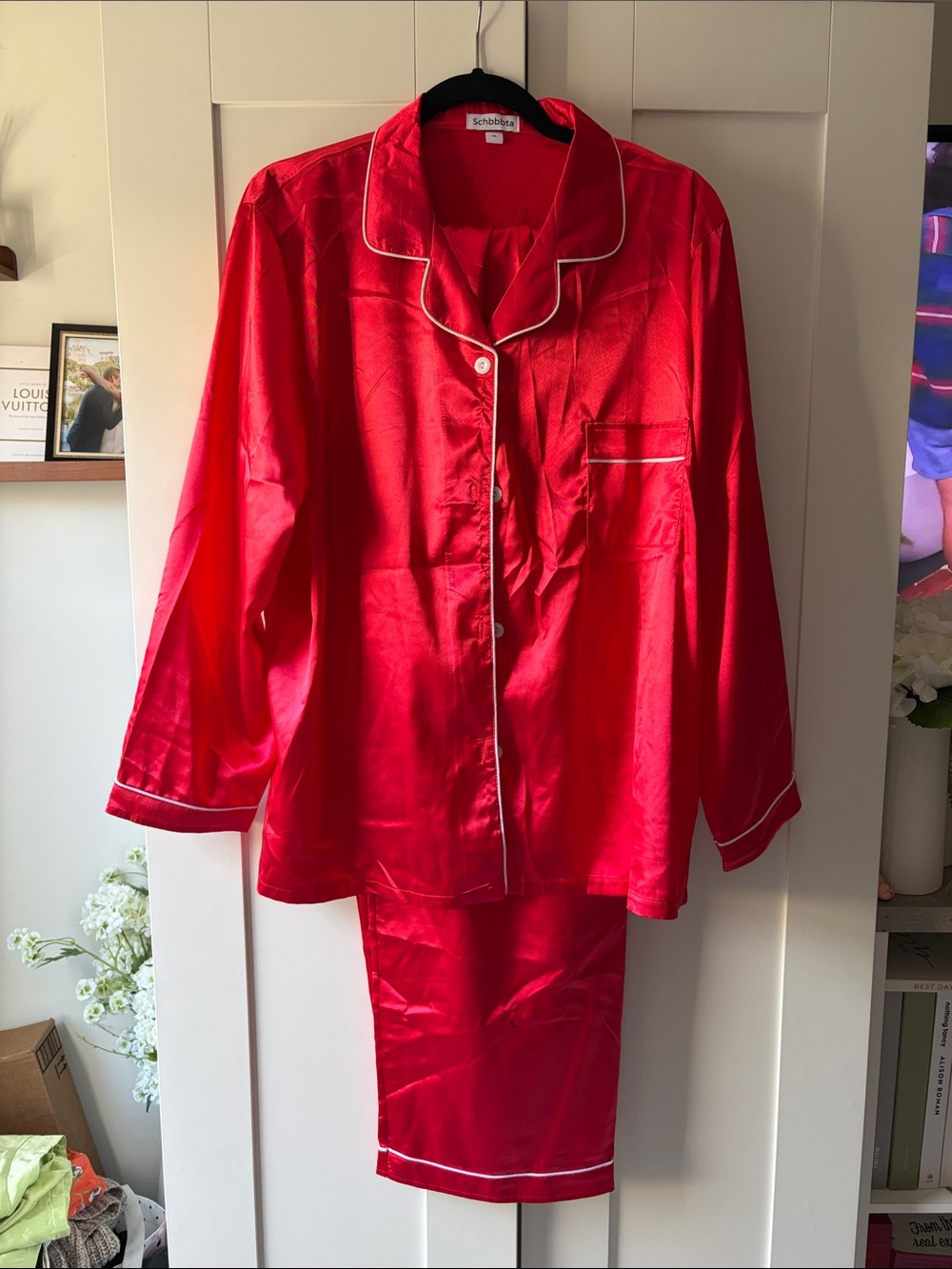 Women's Red Satin Pajama Set with White Piping